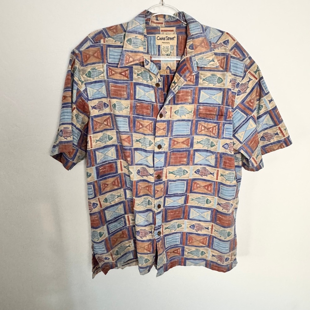 Cooke Street Honolulu Mens XL Cotton Geometric Fish‎ Print Shirt Blue